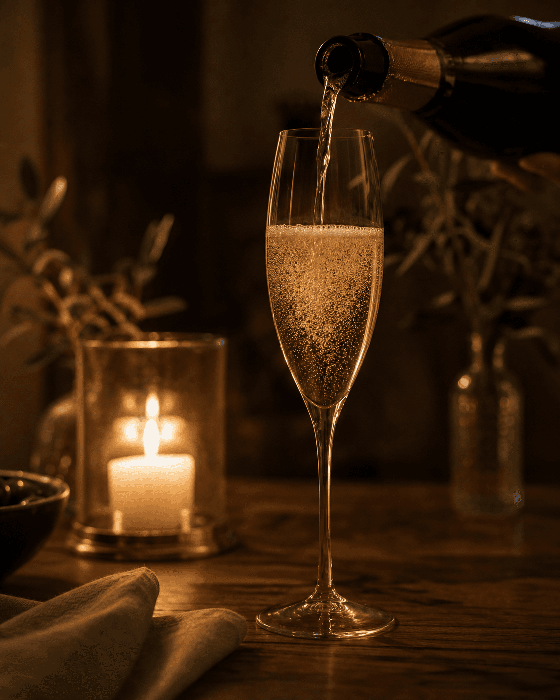 Champagner wird im Kerzenlicht eingeschenkt